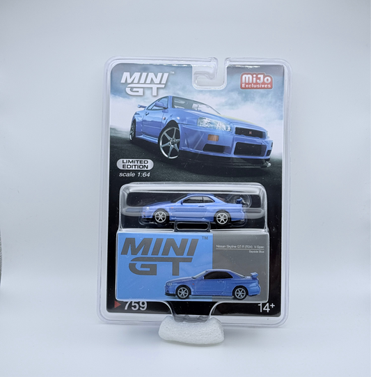 Mini GT Nissan Skyline GT-R (R-34) V-Spec Bayside Blue #759